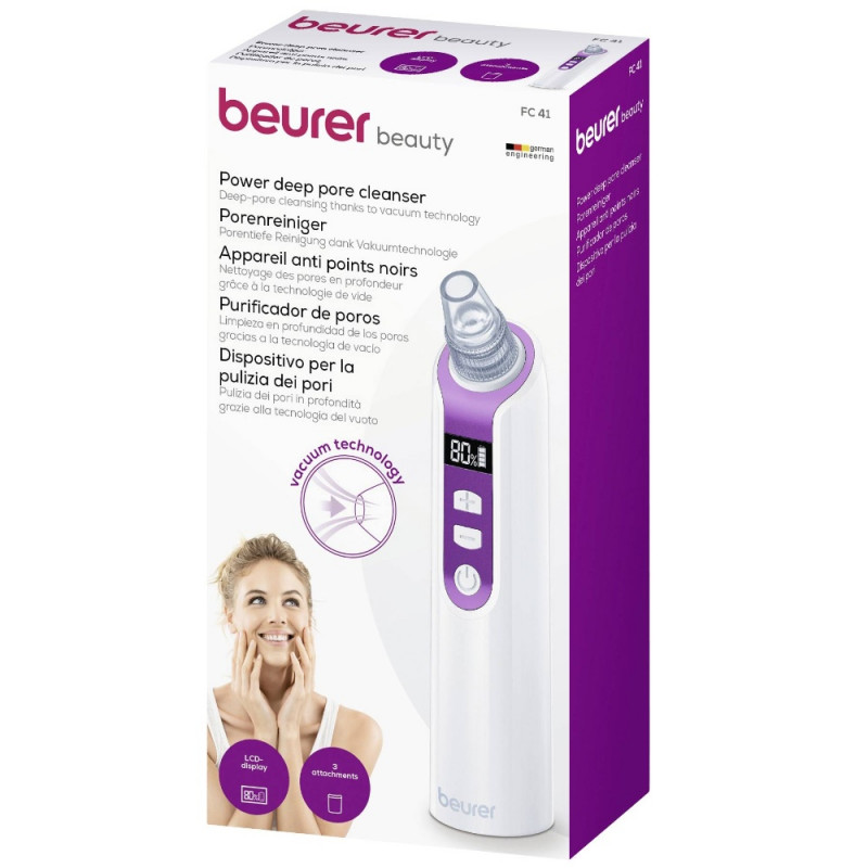 Aparat de curatare faciala profunda Beurer FC 41, 5 viteze, Autonomie pana la 1,5 h, Afisaj LCD, USB, Alb/Violet