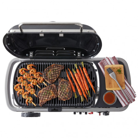 Gratar pe gaz Weber Traveler WB 9010075, 3.5 kW, 63.5x34.3 cm, Grill emailat, Arzator otel inoxidabil, 2 roti, Negru/Argintiu