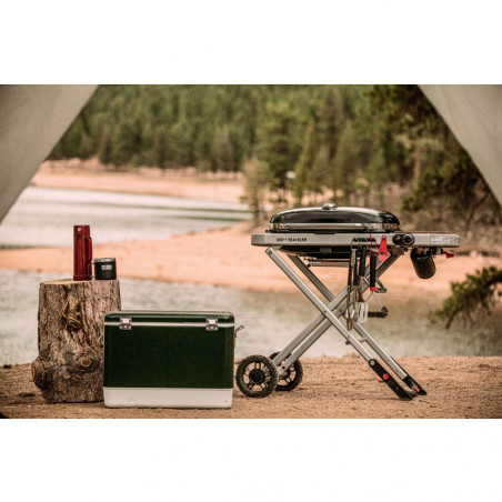 Gratar pe gaz Weber Traveler WB 9010075, 3.5 kW, 63.5x34.3 cm, Grill emailat, Arzator otel inoxidabil, 2 roti, Negru/Argintiu