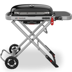 Gratar pe gaz Weber Traveler WB 9010075, 3.5 kW, 63.5x34.3 cm, Grill emailat, Arzator otel inoxidabil, 2 roti, Negru/Argintiu