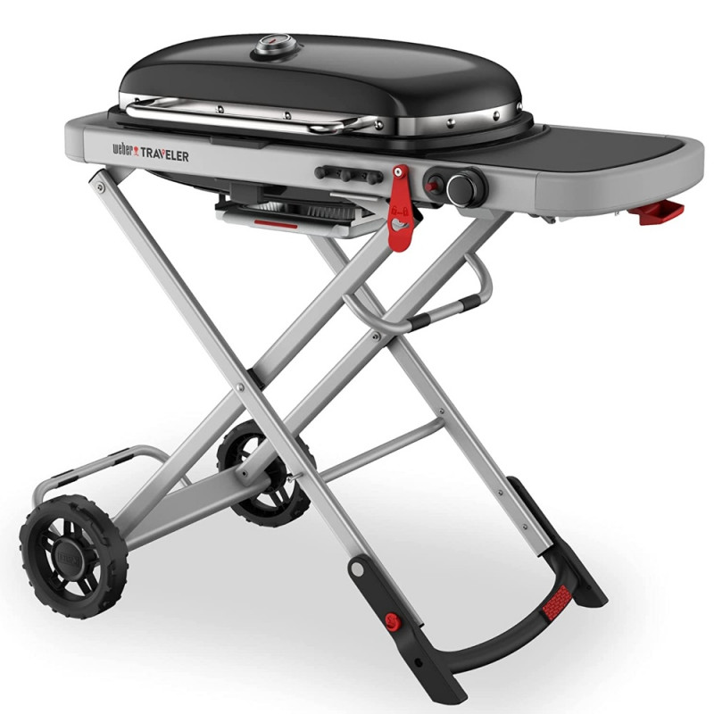 Gratar pe gaz Weber Traveler WB 9010075, 3.5 kW, 63.5x34.3 cm, Grill emailat, Arzator otel inoxidabil, 2 roti, Negru/Argintiu