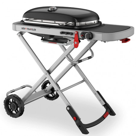 Gratar pe gaz Weber Traveler WB 9010075, 3.5 kW, 63.5x34.3 cm, Grill emailat, Arzator otel inoxidabil, 2 roti, Negru/Argintiu