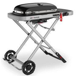 Gratar pe gaz Weber Traveler WB 9010075, 3.5 kW, 63.5x34.3 cm, Grill emailat, Arzator otel inoxidabil, 2 roti, Negru/Argintiu