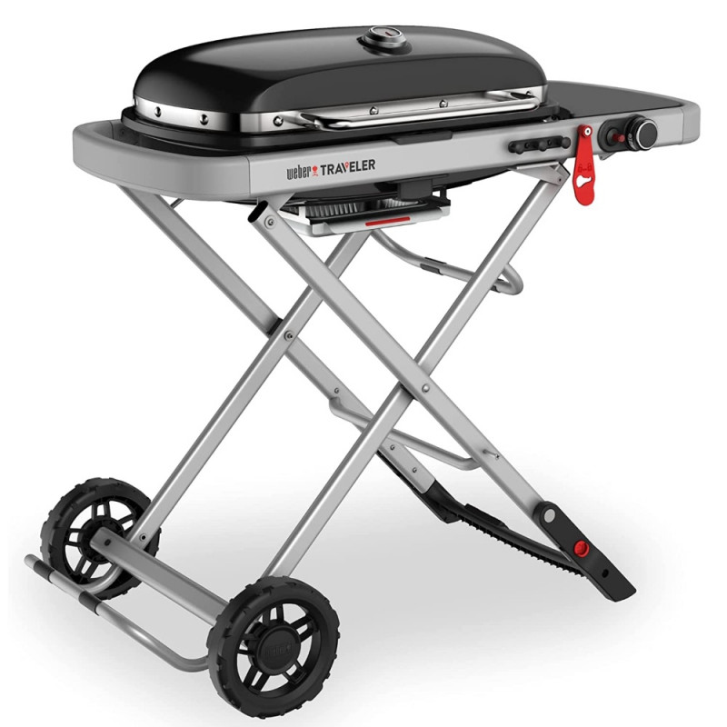 Gratar pe gaz Weber Traveler WB 9010075, 3.5 kW, 63.5x34.3 cm, Grill emailat, Arzator otel inoxidabil, 2 roti, Negru/Argintiu