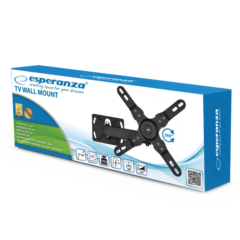 Suport TV de perete Esperanza ERW003, 12-50 inch, Max 20 kg, Vesa 200x200, Negru