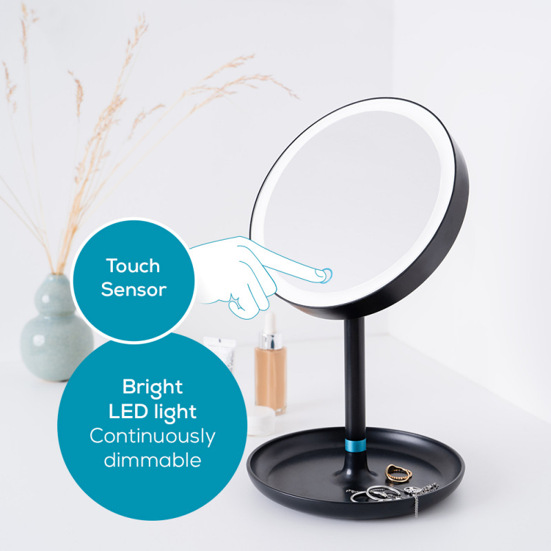 Oglinda cosmetica cu LED Beurer BS 45, 17.5 cm, Normal/Marire 5x, Senzor tactil, Functie intunecare, Negru