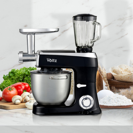 Robot de bucatarie Voltz V51115AS, 2100W, 7.5 litri, Masina de tocat carne si blender, 3 agitatoare, 6 trepte + Pulse, Negru