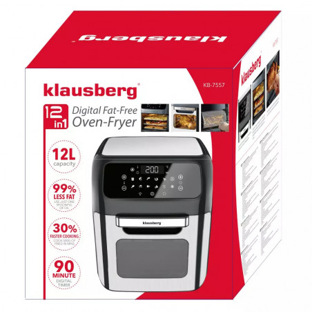 Friteuza cuptor cu aer cald Klausberg KB 7557, 1800W, 12 L, Cos rotativ, 12 programe, Timer, Inox/Negru