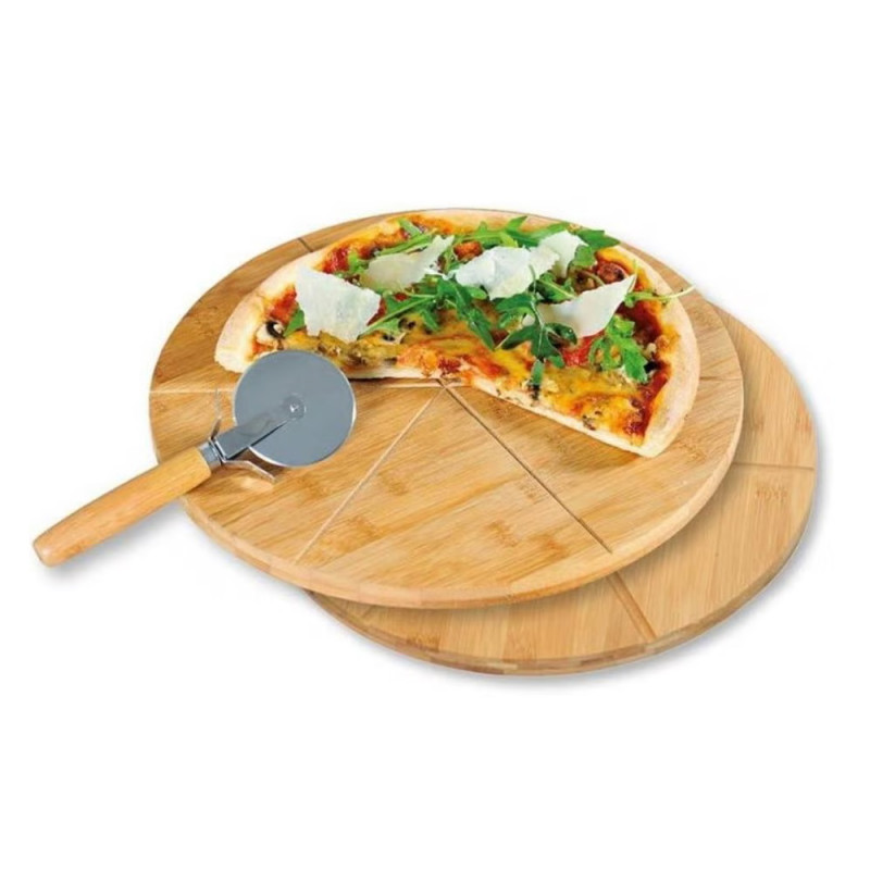Set 2 tocatoare si cutit pizza Kesper 58465, 32 cm, Contur felii, Bambus, Maro