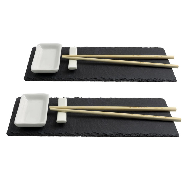 Set sushi Kesper 38142, 6 piese, Pentru doua persoane, Ardezie, Ceramica, 2 seturi de betisoare, Negru