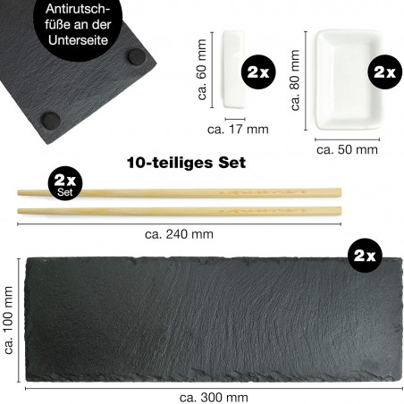 Set sushi Kesper 38142, 6 piese, Pentru doua persoane, Ardezie, Ceramica, 2 seturi de betisoare, Negru