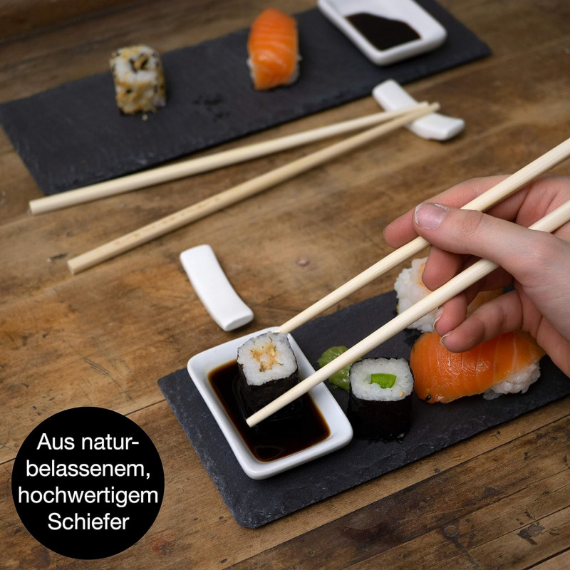 Set sushi Kesper 38142, 6 piese, Pentru doua persoane, Ardezie, Ceramica, 2 seturi de betisoare, Negru