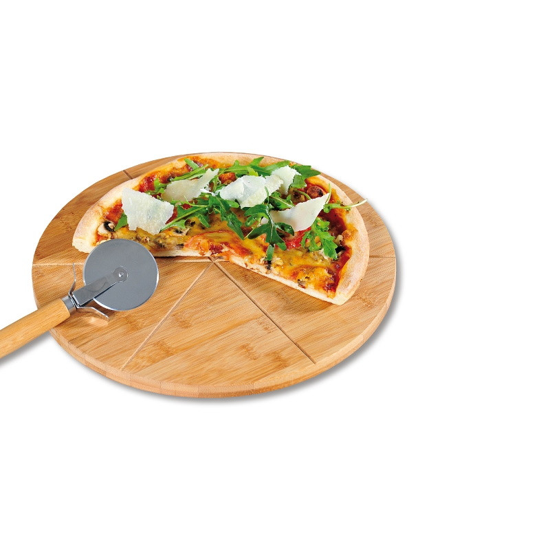 Set tocator si cutit pentru pizza Kesper 58462, 32 cm, Bambus, Maro
