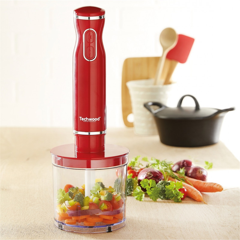 Set blender cu tocator si tel pentru oua 3in1 Techwood TMS-9605, 600W, 2 viteze, 500 ml, Rosu