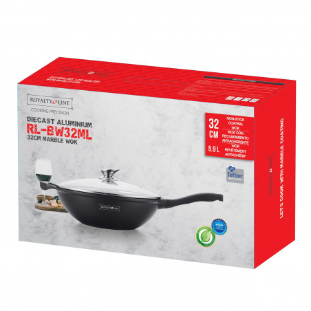 Tigaie wok Royalty Line RL-BW32M, 32 cm, 3.7 L, Acoperire marmura, Inductie, Manere moi, Negru