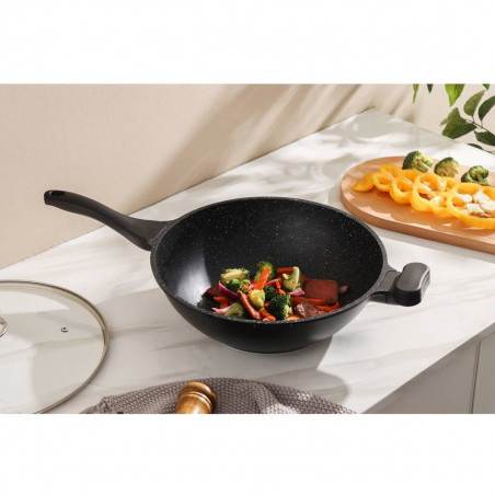 Tigaie wok Royalty Line RL-BW32M, 32 cm, 3.7 L, Acoperire marmura, Inductie, Manere moi, Negru