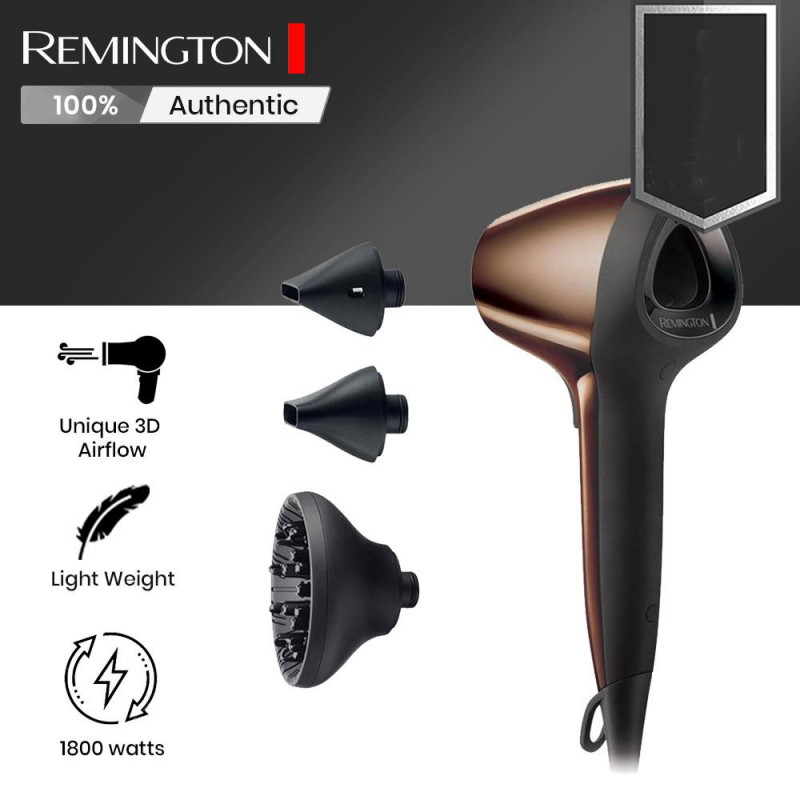 Uscator de par Remington AIR3D D7777, 1800W, Ionizare, Motor DC, Flux de aer 3D, Maro