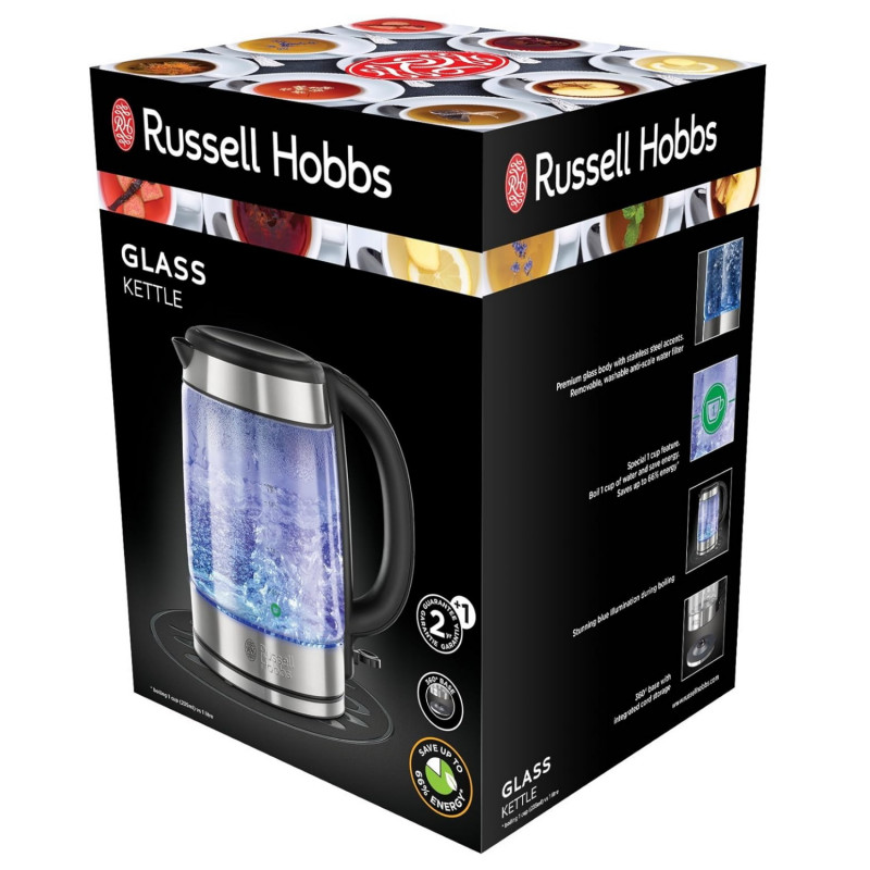 Fierbator electric din sticla cu filtru Russell Hobbs Clarity 21600-57, 2200W, 1.7L, Iluminat, Oprire automata, Inox