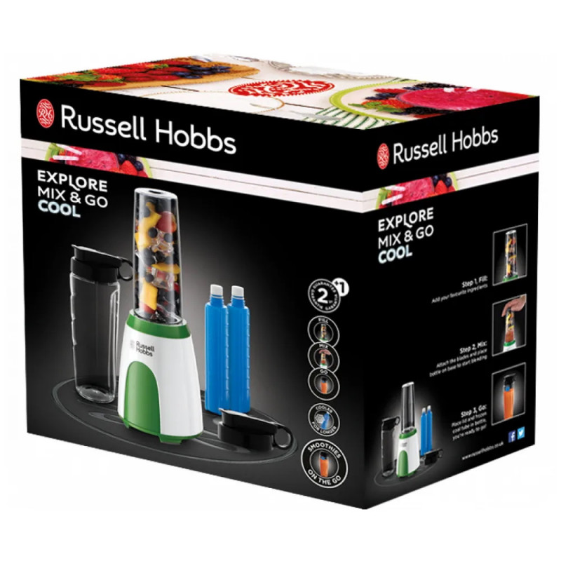 Blender Russell Hobbs Explore Mix & Go Cool 25160-56, 300 W, 600 ml, fără BPA, Otel inoxidabil, Design ergonomic, Alb/verde