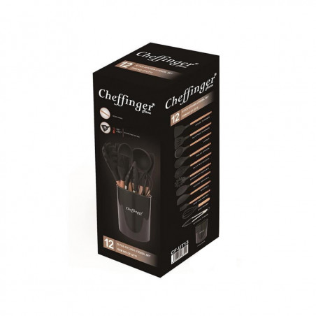 Set de ustensile pentru bucatarie Cheffinger UT10 cu suport, 10 piese, acoperire antiaderenta, Bambus, Rezistent la caldura, fara BPA, Negru