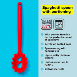 Lingura pentru spaghete Tasty 678205, Gauri pentru portionare, Maner moale, 32,5 cm, Silicon, Rosu