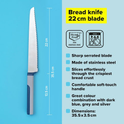 Cutit pentru paine Tasty 678246, Maner moale, 20 cm, Otel inoxidabil, Albastru