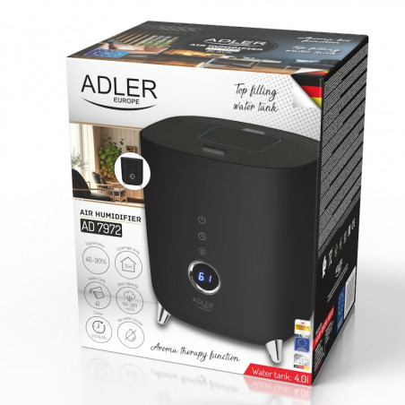 Umidificator de aer Adler AD 7972, Pana la 35 m2, 4 l, 150-300 ml/ora, Ultrasunete, Display LED, Higrometru, Timer, Negru