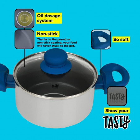 Oala cu capac Tasty 678539, 20 cm, 3 L, Dozator grasime, Aluminiu, Acoperire antiaderenta, Albastru