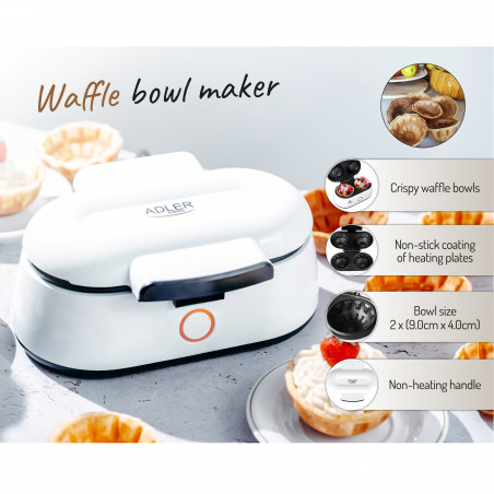 Aparat de facut vafe tip cupe Adler AD 3062, 1400W, Acoperire antiaderenta, 2 vafe, Alb/Negru