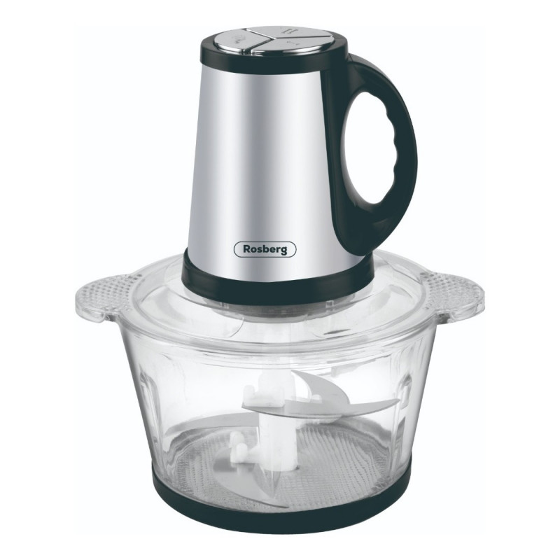 Tocator de bucatarie Rosberg R51111F, 400W, 2L, Recpient de sticla, 4 cutite, 3 viteze, Inox/negru