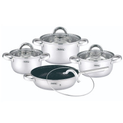 Set oale Rosberg R51210L8T, 8 piese, Tigaie cu acoperire de marmura, Inductie, Fund dublu, Inox