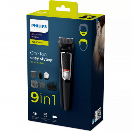 Trimmer 9 in 1 Philips MG3740/15, Multifunctional, Functionare 60 min, Lame cu auto-ascutire, Negru