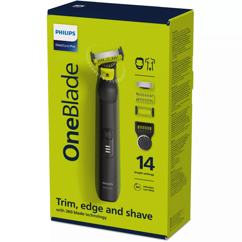 Trimmer Philips Pro 360 QP6541/15, OneBlade, Autonomie 90 min, Afisaj LED, Negru/Galben