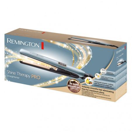 Placa de indreptat pentru par Remington S9300 Shine Therapy Pro, 230C, Placi ceramice cu balsam de par, Afisaj digital, Semnal sonor, Albastru/roz