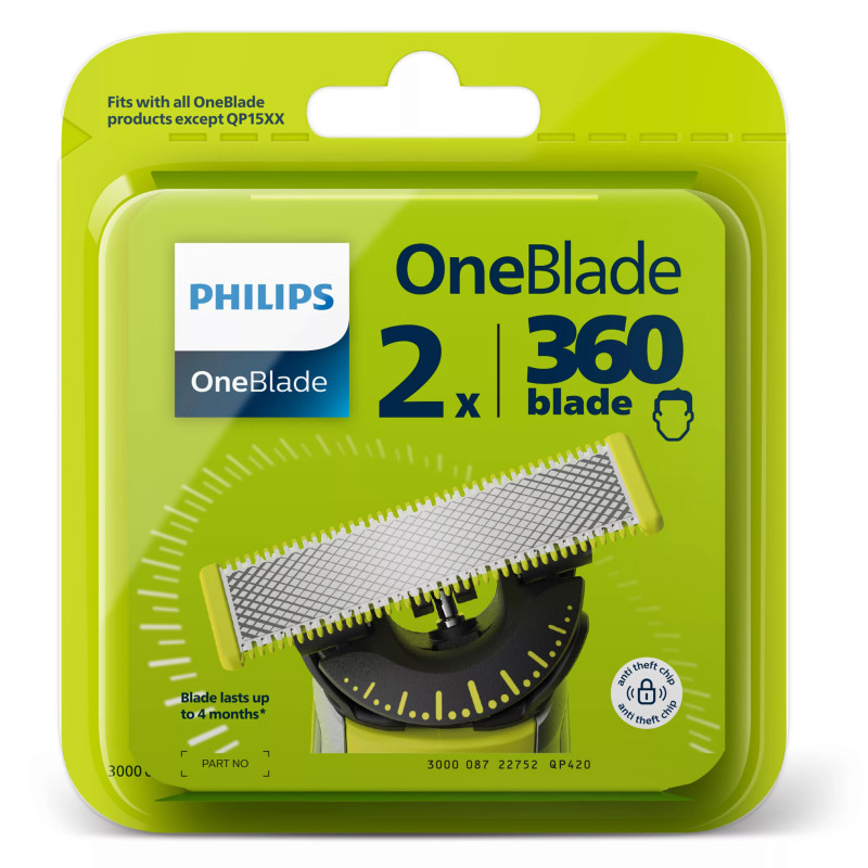 Lame Philips OneBlade 360 ​​​​QP420/50, 360 de grade, Indicator de schimbare, Umed si uscat, Gri/verde