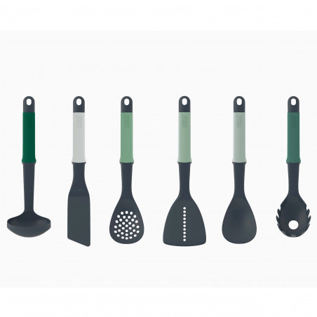 Set ustensile de gatit Joseph Joseph Elevate 10540, 6 piese, Plastic fara BPA, Orificii pentru agatat, Gri/verde