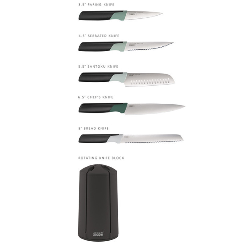 Set de cutite Joseph Joseph Elevate 10541, Otel japonez, Suport rotativ, Fara BPA, Negru/verde