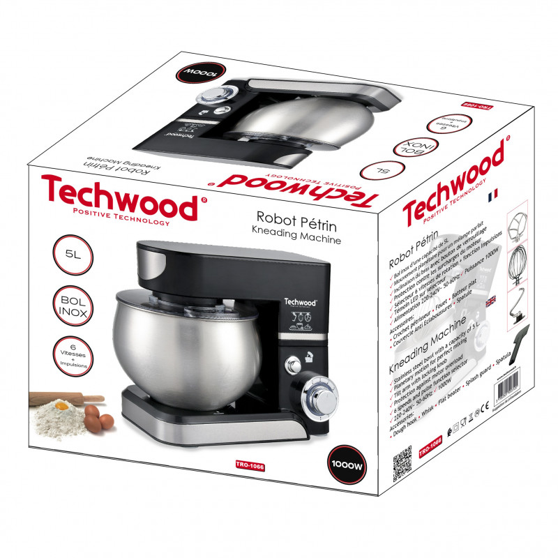 Mixer planetar Techwood TRO-1066, 1000W, 5 litri, 6 viteze, Pulse, Protectie la suprasarcina, Negru/Inox