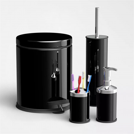 Set baie Vinoks 652400, coș 5 litri, perie, dozator de săpun, cană, negru