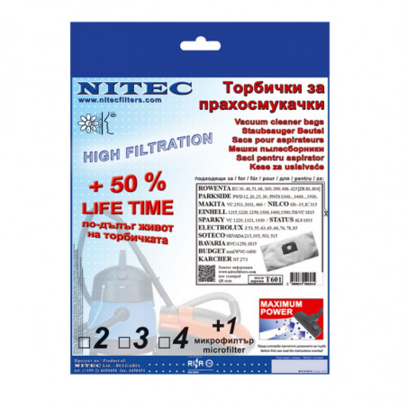 Saci pentru aspirator NITEC T601, 3 buc., Material sintetic cu trei straturi, Alb