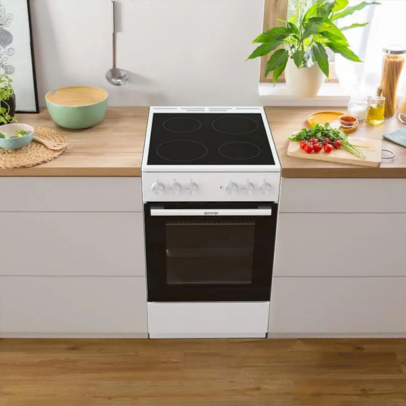 Aragaz electric vitroceramic Gorenje GEC5A61WG, 70 L, 10 functii, Placi ceramice, AquaClean, Silvermatte, Indicator de caldură reziduala, Alb