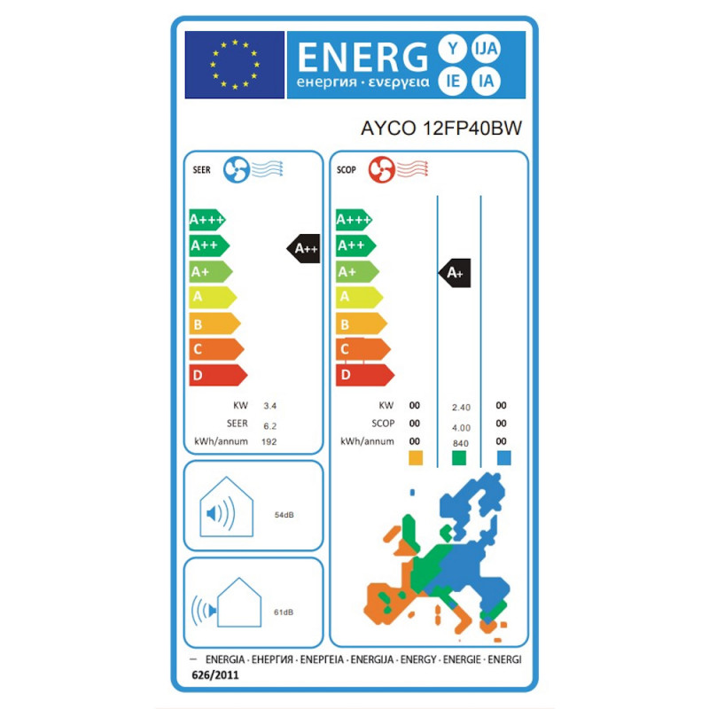 Aparat de aer conditionat cu invertor Ayco 12FP40BW, 12000 BTU, A++/A+, Pana la 25 m², Autocuratare, Autodiagnosticare, Repornire automata, Alb