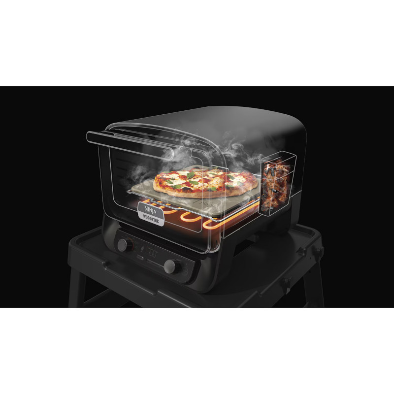 Cuptor electric pentru exterior Ninja Woodfire OO101EU, 2400W, 8 programe, Timer, Afisaj LED, Oprire automata, Rosu/Negru