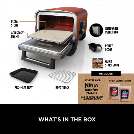 Cuptor electric pentru exterior Ninja Woodfire OO101EU, 2400W, 8 programe, Timer, Afisaj LED, Oprire automata, Rosu/Negru