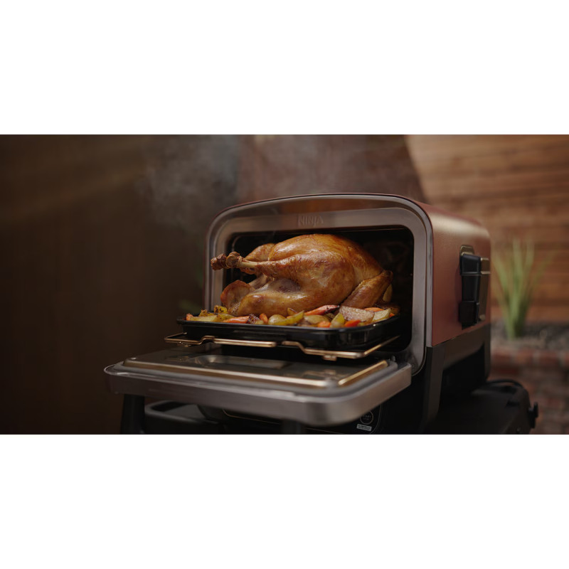 Cuptor electric pentru exterior Ninja Woodfire OO101EU, 2400W, 8 programe, Timer, Afisaj LED, Oprire automata, Rosu/Negru