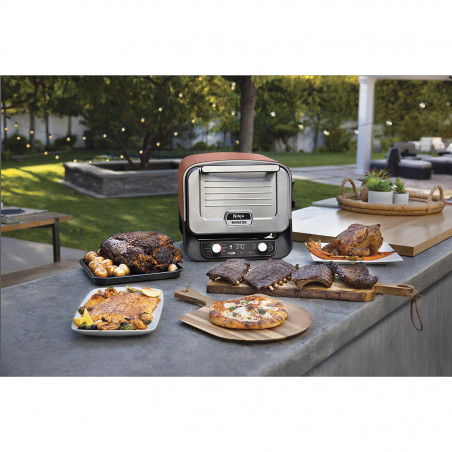 Cuptor electric pentru exterior Ninja Woodfire OO101EU, 2400W, 8 programe, Timer, Afisaj LED, Oprire automata, Rosu/Negru