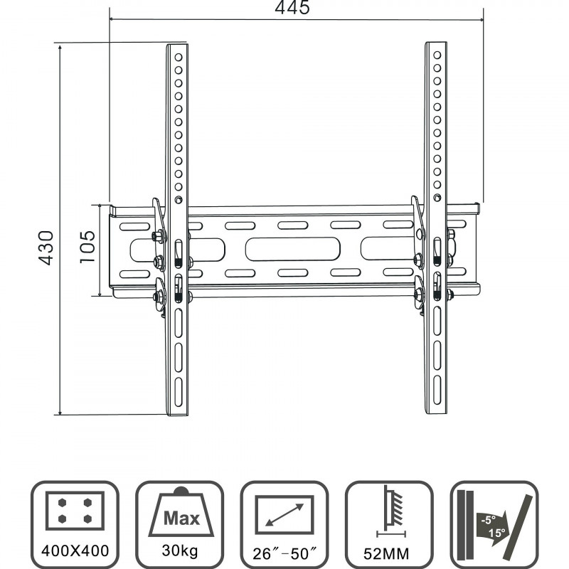 Suport TV X-TREMER 2650T, Suport de perete, 26" la 50", Vesa 100x100/400x200, Max 30 kg, Negru