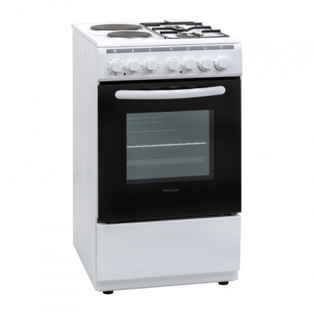 Aragaz combinat electric si gaz Finlux FXC 522M, 50 L, Clasa A, 4 plite, Iluminare, Temporizator, Alb