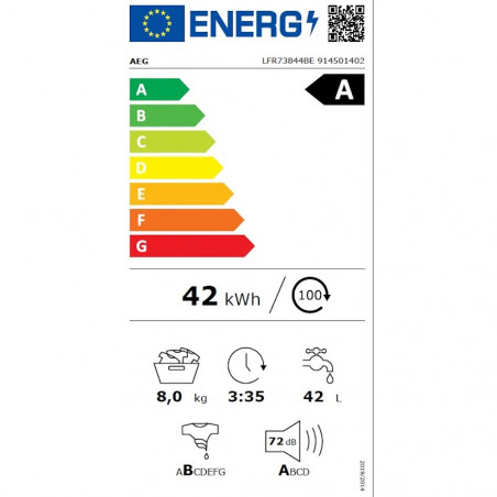 Mașină de spălat AEG LFR73844BE, clasa A, 8 kg, 1400 rpm, 12 programe, afișaj LED, cronometru, alb