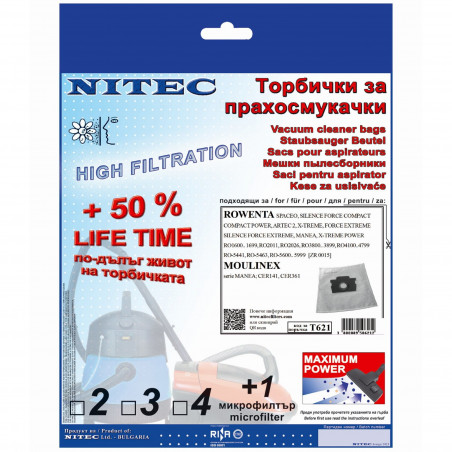 Saci hartie pentru aspiratoare Nitec T621, 3 buc. + 1 microfiltru, alb
